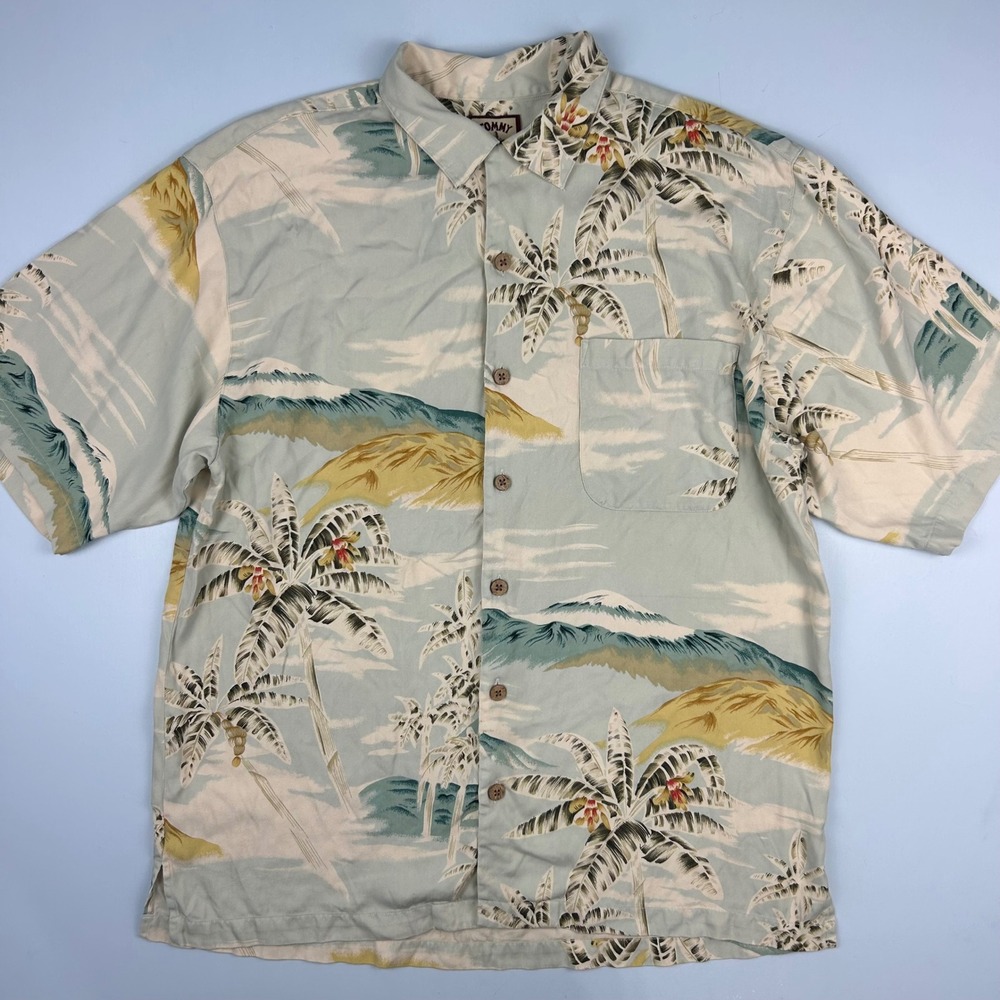 Tommy Bahama Mens Silk Tropical Island Palm Tree Camp Shirt Blue Medium